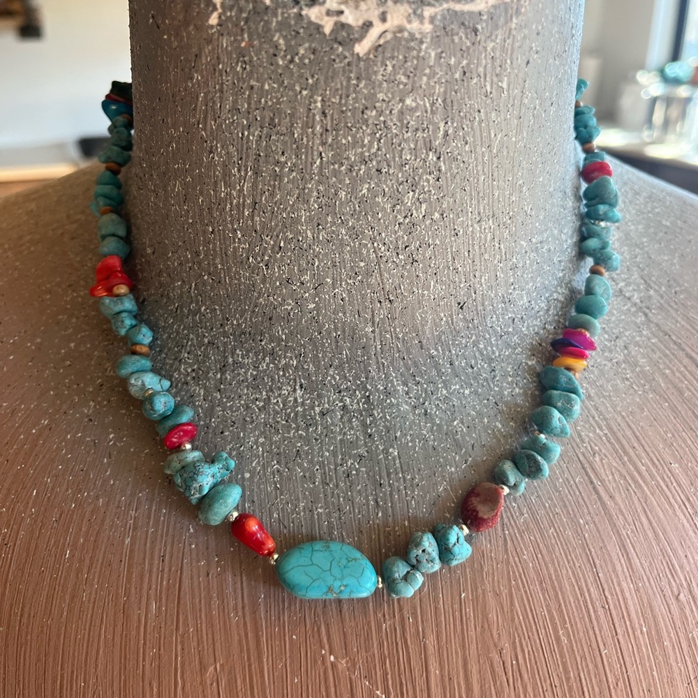 Turquoise and Red Beaded Necklace